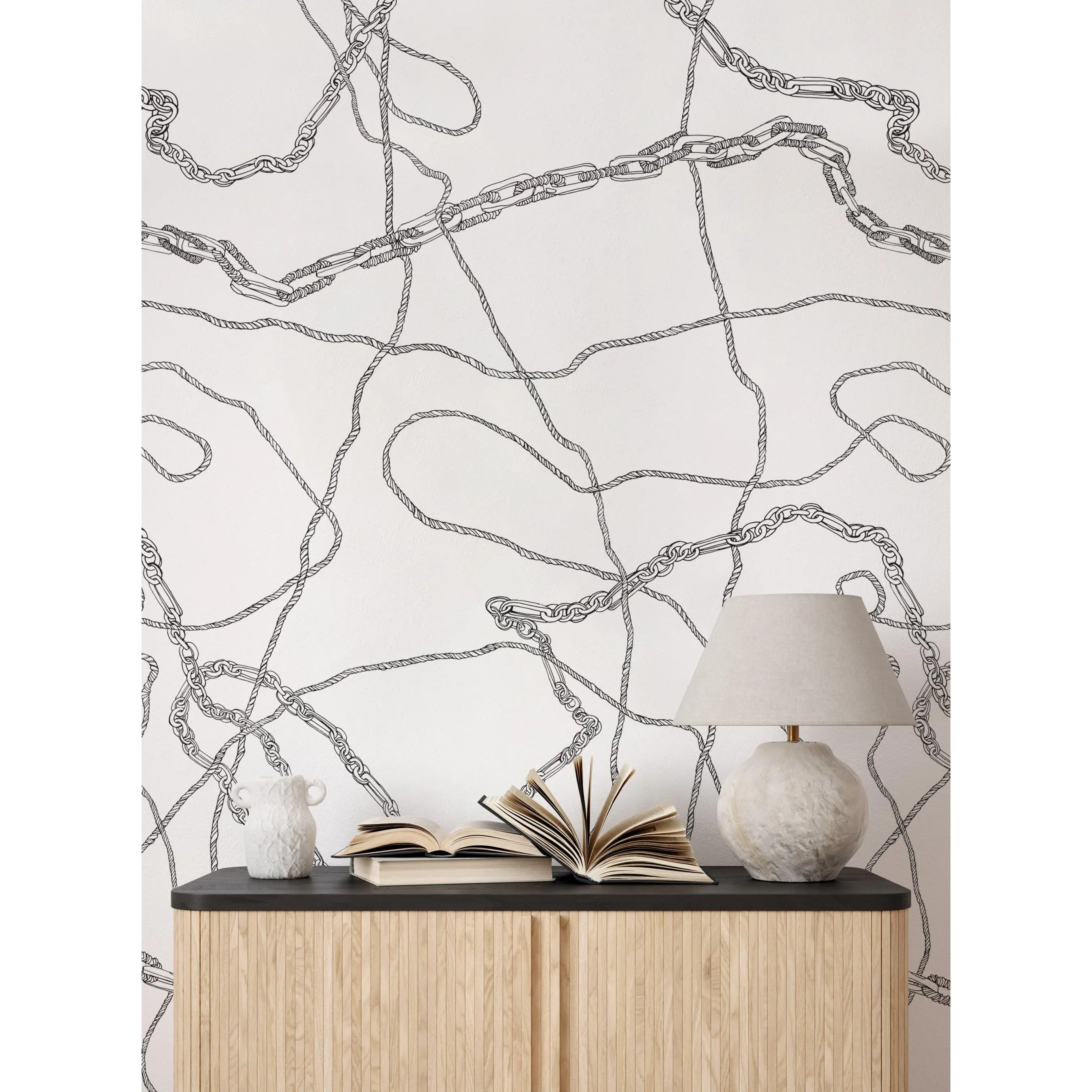 Renter-Friendly Minimalist Abstract Gold Ropes-and-Chains Peel-Stick Vinyl Mural Wallpaper, Home Improvement Building Supply for Home Decorators & Indoor Use, 48" (2 Sheets in Width)