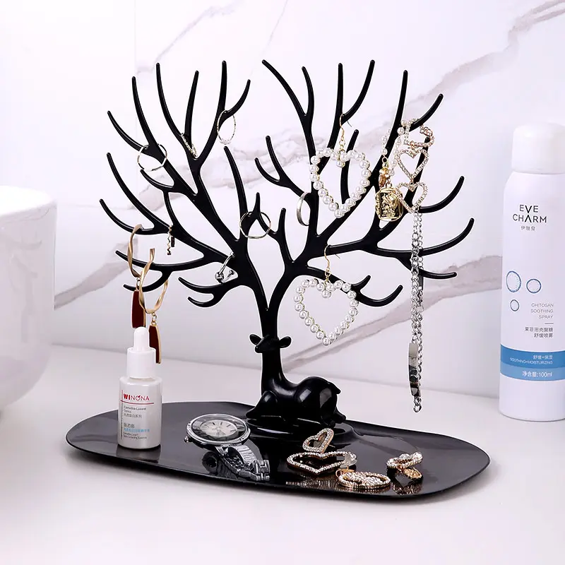 Antler Deer Jewelry Organizer Stand - Decorative Holder for Earrings, Necklaces, Rings, Bracelets, Vanity Storage Tray for Watches, Cosmetics, Bedroom Dresser Countertop Decor