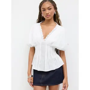Cider Cotton V-neck Broderie Anglaise Pleated Shirred Short Sleeve Blouse