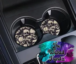 Cute Car Coasters Set of 2 Skulls Skeleton Rock N Roll Cute Car Truck Accessories Decor Cup Holder New Car Gift Car Decoration Women Men