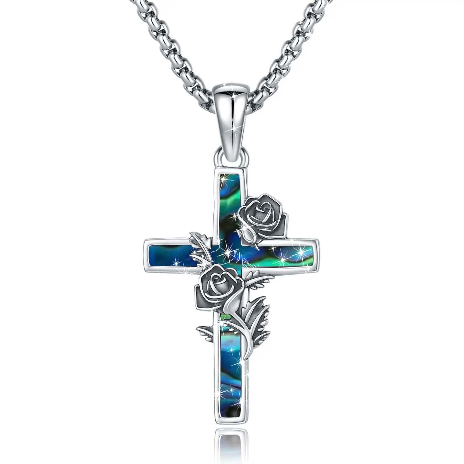 Sebina Cross Necklace Abalone Shell Rose Cross Pendant Necklaces Silver Jewelry Gifts for Women Men Lover Anniversary Birthday Graduation Christmas Mother's Day