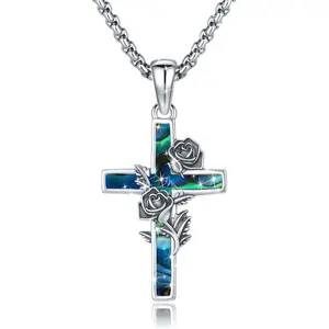 Sebina Cross Necklace Abalone Shell Rose Cross Pendant Necklaces Silver Jewelry Gifts for Women Men Lover Anniversary Birthday Graduation Christmas Mother's Day