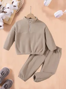 2 pieces Autumn/winter girls' solid-color long-sleeved sets fashion semi-zipper fleece sweatshirts and long pants casual boys' and girls' baby pullovers and skinny pants children's comfortable and warm sets Baby Clothing