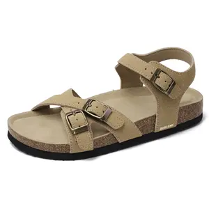 Women's Sandals Cork Footbed Sandal Comfort Double Buckle Slip-On Slippers with Adjustable Back Strap For Summer Beach