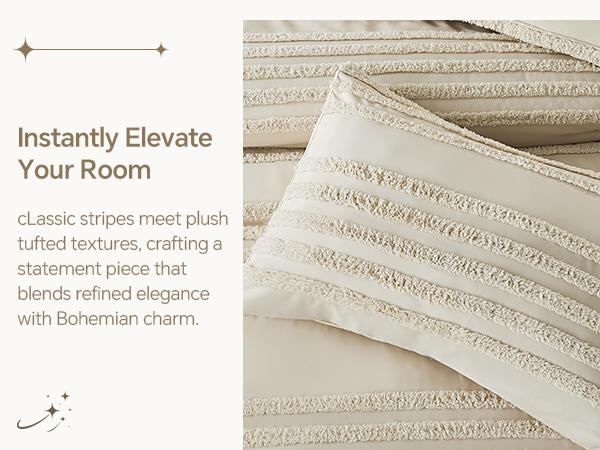 BEDELITE Boho Comforter Set, Tufted Striped Bed Set  Soft Vintage Farmhouse Comforter for All Seasons, Boho Home Decor Fluffy Jacquard Bedding Pillow Shams