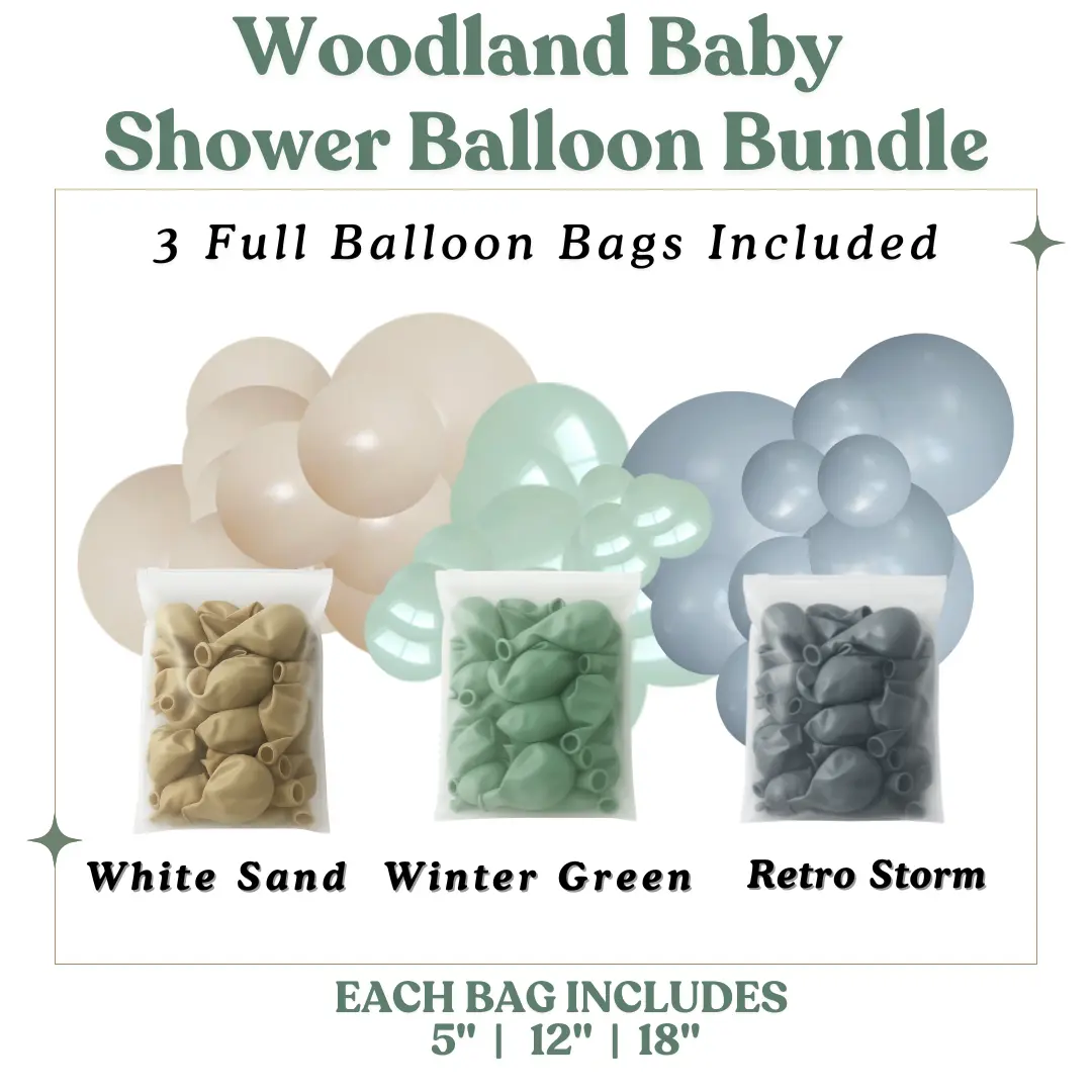 Woodland Baby Balloon Bundle - White Sand, Winter Green, Retro Storm - Sizes 5"- 12"- 18" - Perfect for neutral baby showers