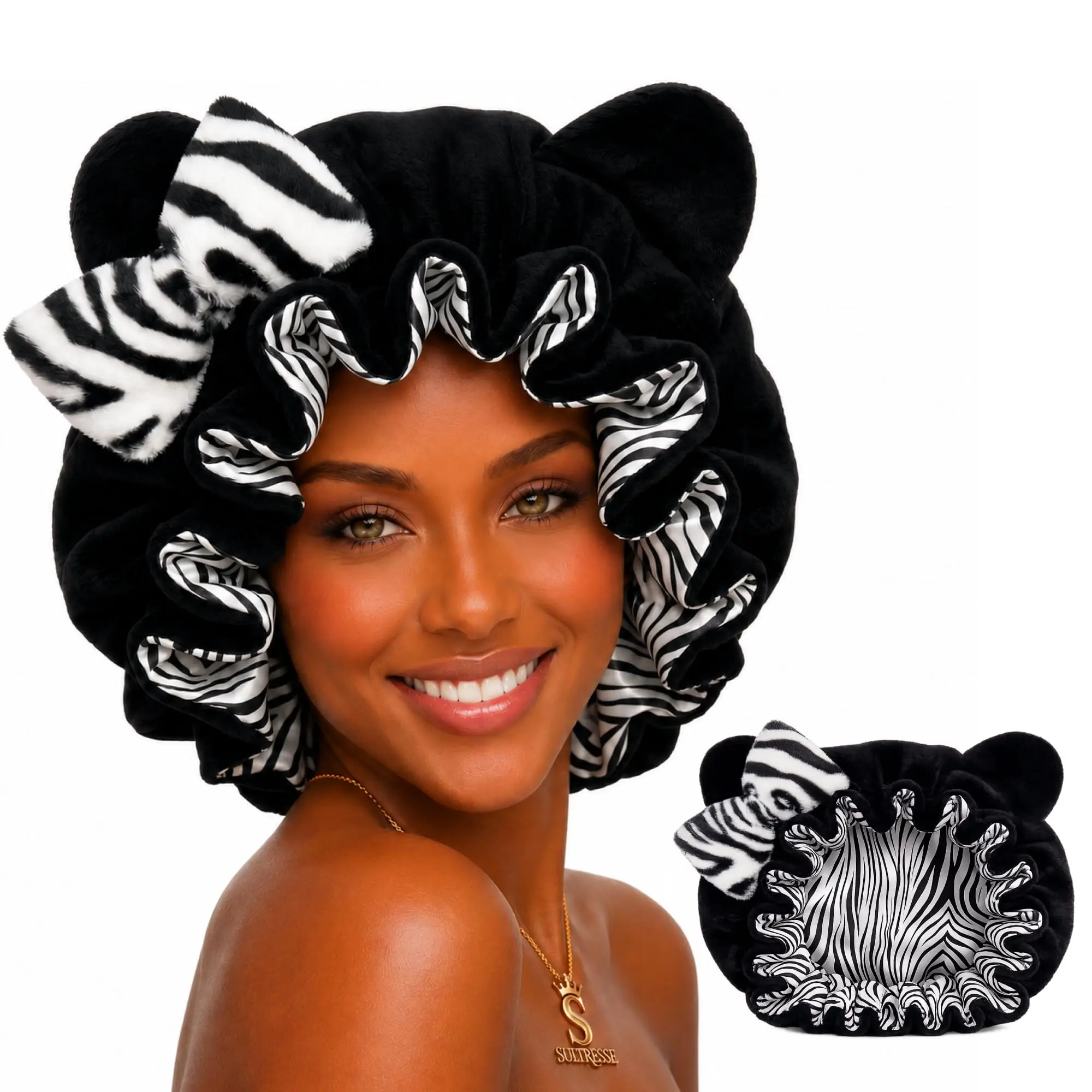 Sultresse Zebra Print Cat Ear Bonnet for Women – Satin-Lined Sleep Cap, Night Cap for Curly Natural Hair