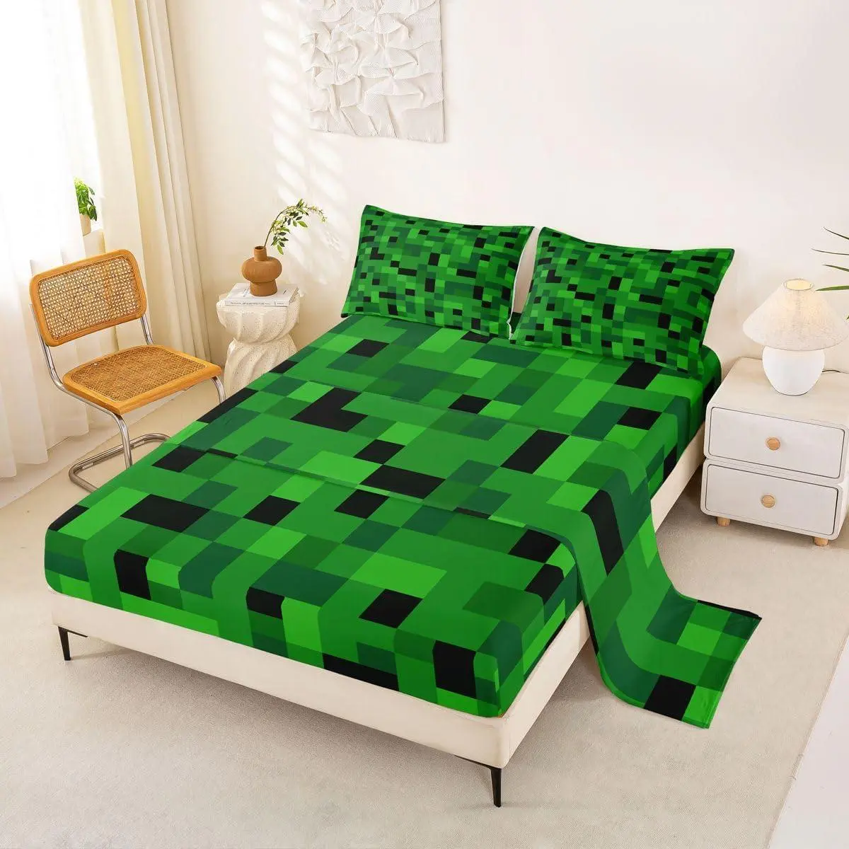 Pixelated Miner Bed Sheets Set Green Black Video Games Bed Set Plaid Deep Pocket Fitted Sheet Modern Art Breathable Soft Lightweight Microfiber Stripe Line