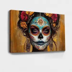 Artistic Mexican 08x12x0.8inch Wood Framed Wall Art Print, Sugar Skull Woman With Face Paint & Colorful Jewelry, Boho Traditional Intricate Designs, Vibrant Winter Christmas Decor, Living Room Artwork, Home Supplies Gifts