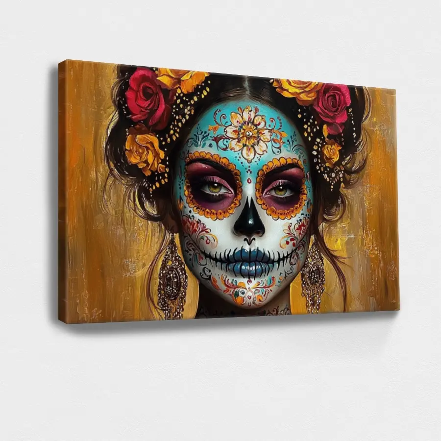 8x12x0.8in Wood-Framed Artistic Wall Painting - Boho Calavera Mexican Sugar Skull Woman with Face Paint, Colorful Jewelry, Intricate Traditional Designs, Colorful Style Moisture Barrier Artwork, Living Room Decoration, Christmas Home Gift, Home Supplies