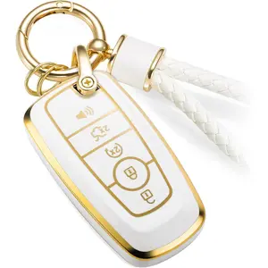 For Ford Key Fob Cover with Metal Braided Rope Keychain, Upgraded Soft Case for Fusion F150-F550 Edge Expedition Escape Explorer Bronco Maverick