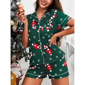 Women's Christmas Cane Snowflake Printed Lapel Button Short Sleeve Shorts Pajama Set, Casual Fitted All over Print Sleepwear