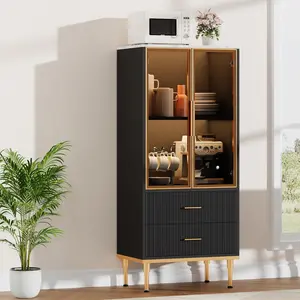 Fluted Storage Cabinet with Glass Door and 2 Drawers, Modern Display Storage Cabinet, Kitchen Pantry with Adjustable Shelves for Collectibles, Living Room, Office - Black