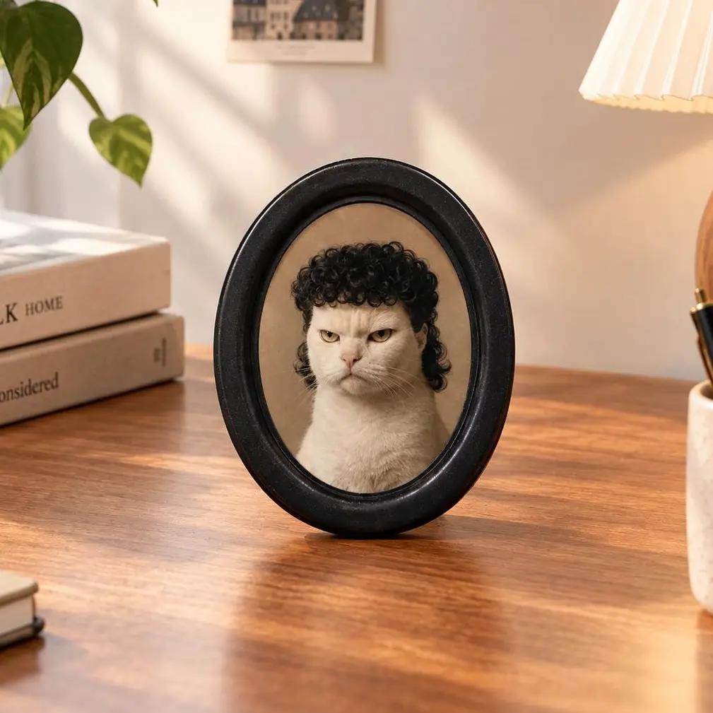 Funny Curly Hair Cat Picture Frame, 5.25 x 4.16 Inch Vintage Oval Cat Portrait Decor, Desktop & Wall Display Ornament, Unique Gift for Cat Lovers