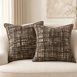 2 Pcs 18x18 in Textured Weave Brown Cream Farmhouse-Style Decorative Throw Pillow Cases, 18x18 Cushion Covers for Sofa, Bedroom Home Decor Accent Use, 18X18 Cushion Cover