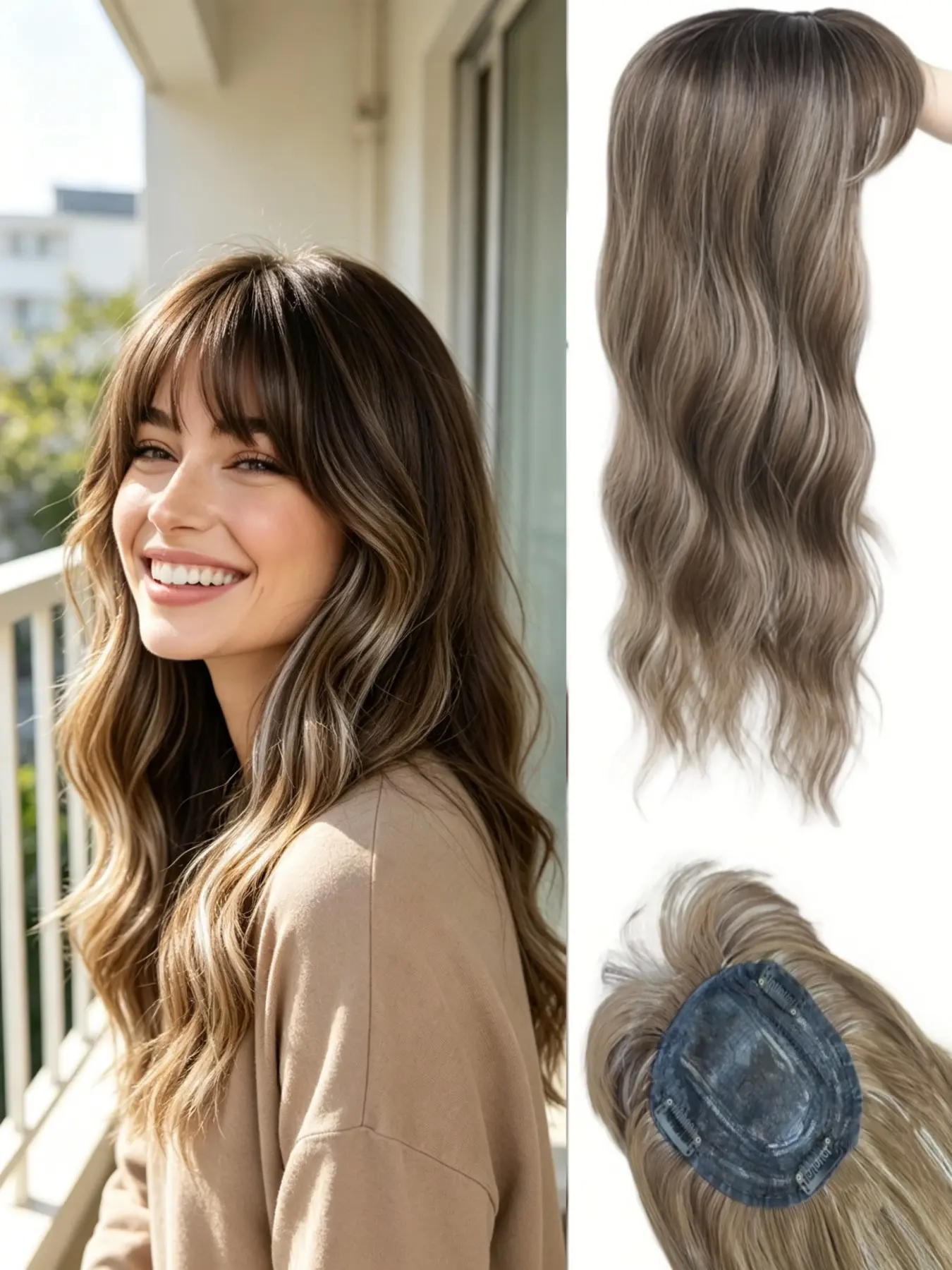 Long Ash Brown Wavy Hair Topper with Bangs for Women | Wavy Hairpieces | Clip-In Synthetic Hairpiece | 100% Premium Kanekalon | Natural Volume Solution for Thinning Hair Synthetic Extensions Wave with Bangs