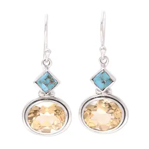 NOVICA Artisan Handmade Citrine Dangle Earrings Ninecarat Composite Turquoise Sterling Silver Reconstituted India Birthstone Gemstone [1.4 in L x 0.6 in W x 0.2 in D] ' Watery Gold'