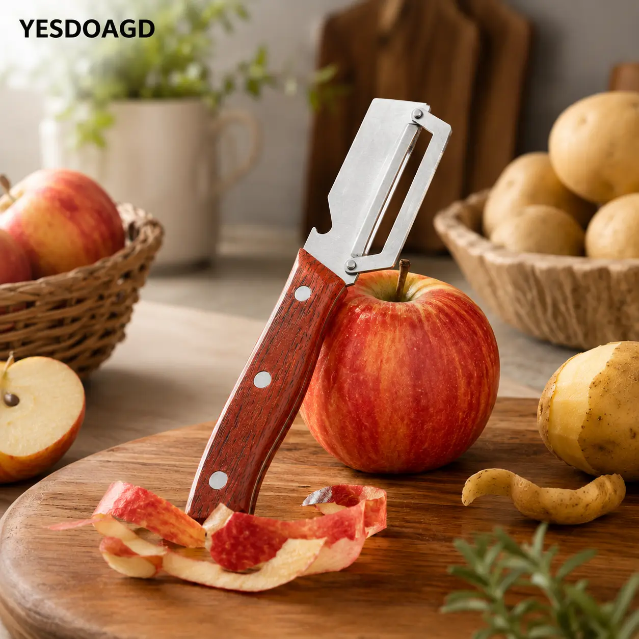 YESDOAGD Stainless Steel Sharp Peeler with Wooden Non-Slip Ergonomic Handle, Built-In Bottle Opener, Durable Construction for Fruits & Vegetables, Essential Kitchen Utensil, 2 Styles Shipped Randomly