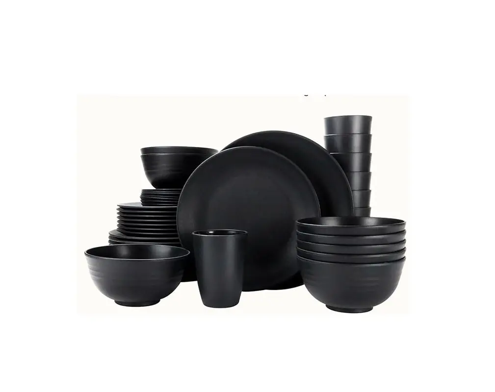 Homienly 40-Pieces Wheat Straw Dinnerware Set, Kitchen Plastic Wheat Straw Dinnerware Set - Service for 8, Unbreakable Lightweight Dish Set for Kitchen, Camping - Plates Set, Bowls, Cups Set(Black)