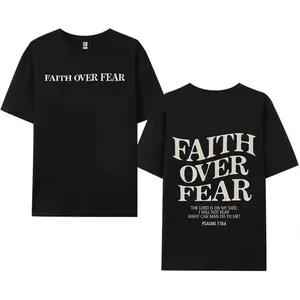 Retro Washed T-Shirt Double Sided Printed 180 Pure Cotton 'FAITH OVER FEAR' Letter Print Mens Casual Comfortable Fashionable Street Style Cotton Menswear Top Short Sleeve Crewneck Festive Tropical