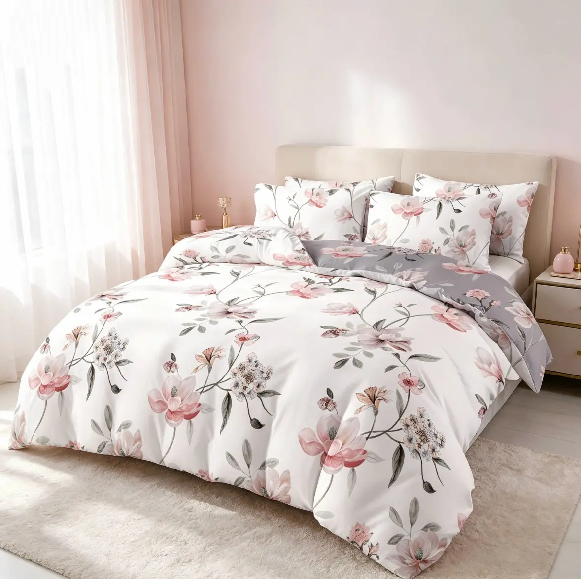 Shuya Magnolia Printed Floral Bedding Set - Polyester-Cotton Flat Weave Fabric, Breathable Durable All-Season Bedding, Machine Washable, Minimalist Classic Design, Minimalist Home Decor, 1-2 Standard Shams, 66x90/80x90/90x90/104x90 in Sizes
