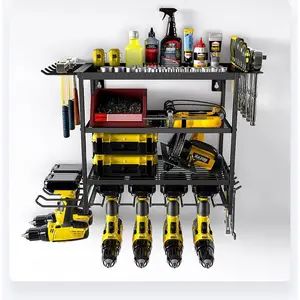 Heavy Duty Metal Power Tool Organizer Wall Mount - 2-Layer Drill & Hand Tool Storage Rack - Sturdy Iron Shelf for Garage or Workshop - Efficient Material Handling