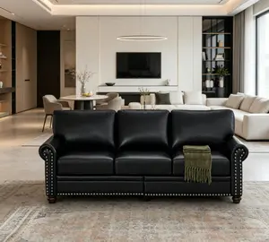 Classic Black Faux Leather Nailhead Living Room Sofa - Indoor Furniture Piece