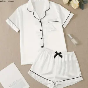 Women's Solid Contrast Binding Bow Decor Pajama Set, Short Sleeve Button Front Lapel Shirt & Shorts Loungewear, Soft Comfortable Summer Sleepwear Two-Piece PJs for Casual Daily Relaxation & Cozy Home Wear