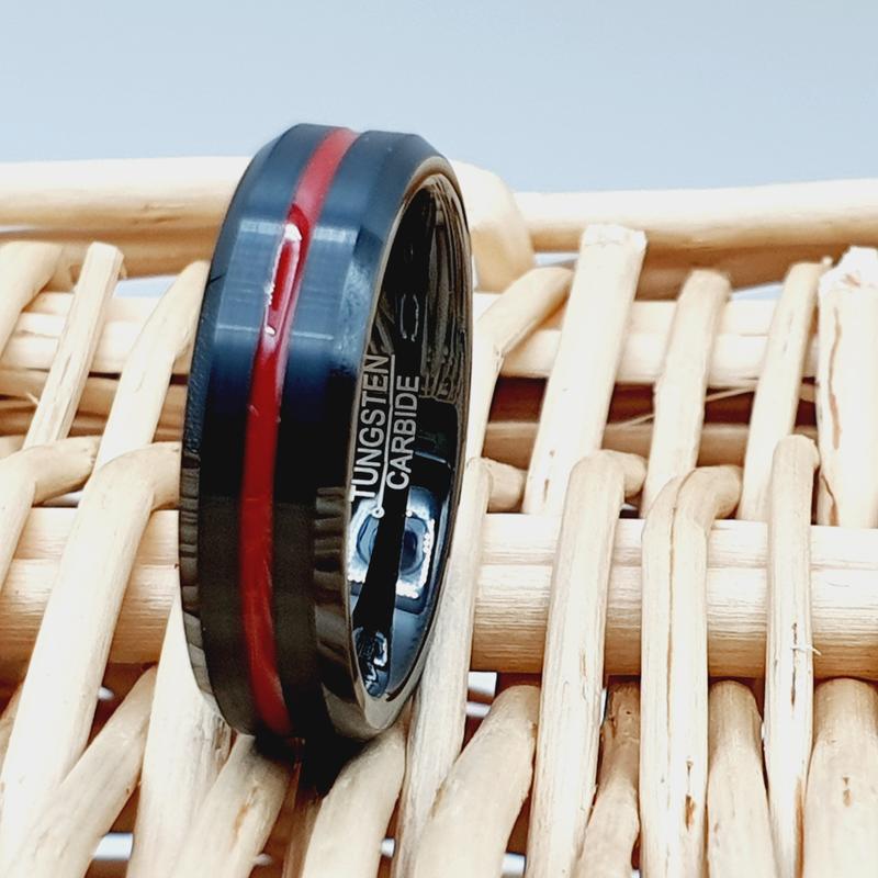 Engraved Firefighter Thin Red Line Ring for Men - Black Tungsten Band - Wedding Size 5-13 - Promise Ring for Him - Engagement Ring