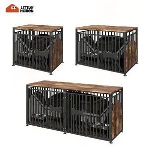 Little Haven Premium Wooden Dog Crate Furniture - Heavy Duty Kennel End Table & TV Stand with Built-in Feeder, Calming Pet Sanctuary (Sizes M-XL)