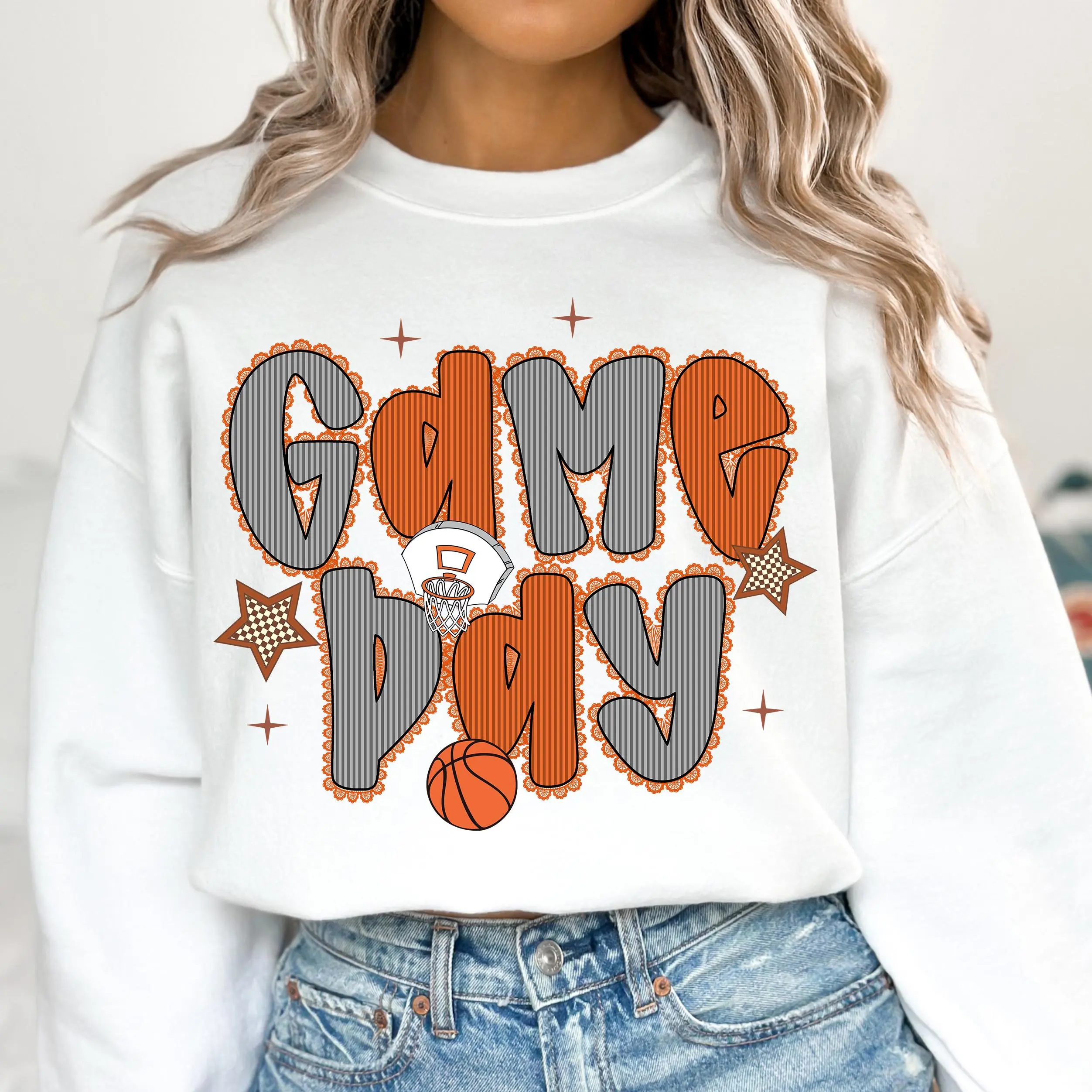 Game Day Basketball Sweater, Seersucker Basketball Bow Sweatshirt, Lace Basketball Mom Sweater, Checkered Basketball Sweater, Trendy Basketball Mama Sweater, 100% Cotton, Made in USA