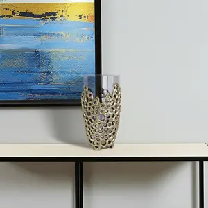 360 stand 15 in. Gray & Gold Round Modern Glass Table Vase, Home Decor Centerpiece for Flowers, Ideal Gift for Room Accent