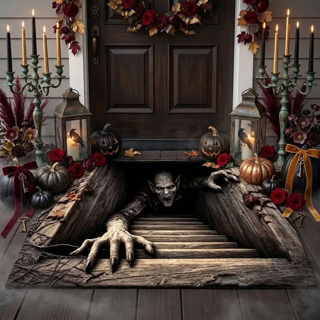 3D Halloween Illusion Doormat, Creepy Monster Crawling Bottomless Pit Floor Rug, Non-Slip Point Plastic Backing Welcome Mat for Front Door Porch Entryway Hallway, Scary Horror Optical Trap Mat for Spooky Haunted House Indoor Outdoor Home Decor