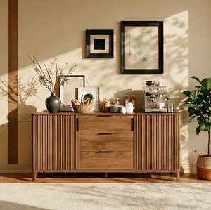59 "Fluted Sideboard Buffet Cabinet with 2 Doors and 3 Drawers, Large Modern Mid Century Buffet Table Coffee Bar Wine Bar Storage Cabinet with Adjustable Shelves for Dining Room, Living Room Walnut
