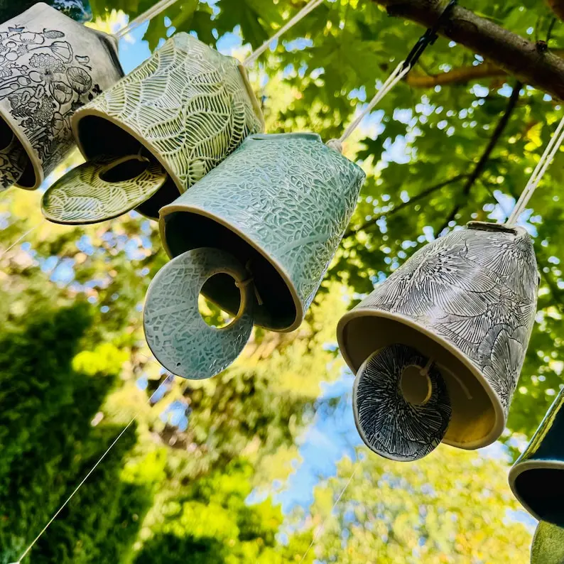 Leaf or Floral Textured Handmade Ceramic Bell/Chime -Birthday, Wedding, Bereavement, Mom, Dad, Housewarming Gift