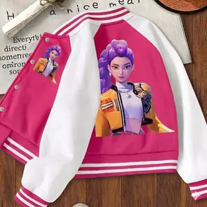 Girls' Fitted Short-Collared Baseball Print Coat - Elastic Fabric, Cartoon Anime Character Design, Fall & Winter School Uniform Outerwear