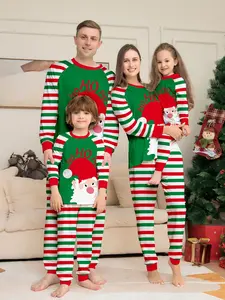 2 Piece Christmas Family Pajama Set, Santa Print Top, Striped Pants, Casual Fitted Sleepwear for Men Women Kids