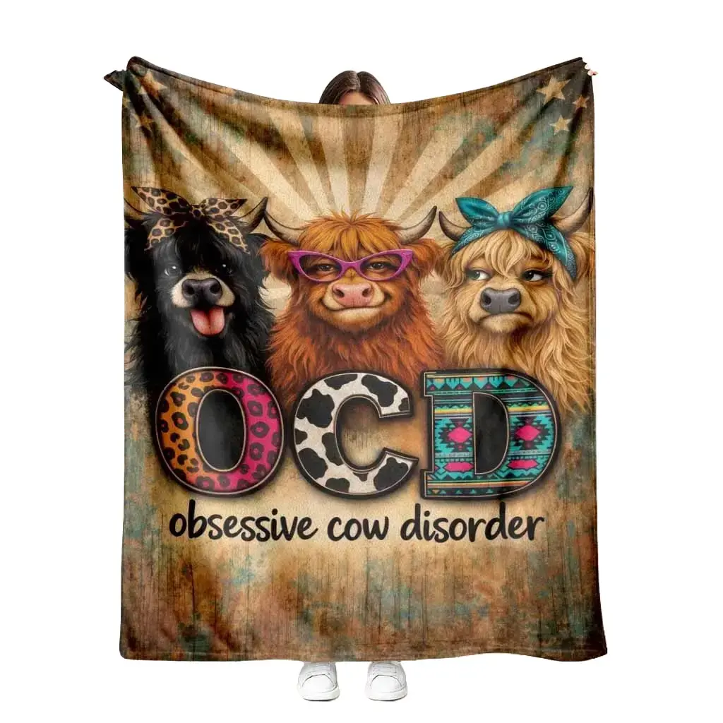 Highland Cow Flannel Throw Blanket - Funny OCD Western Farmhouse Print, Flannel Fabric, Wrinkle Resistant, Anti-Pilling, Soft Warm Cozy Lightweight, Couch to Camping Use, for Sofa, Bedroom Decor, Office Gift, Cozy Setup, Snug As A