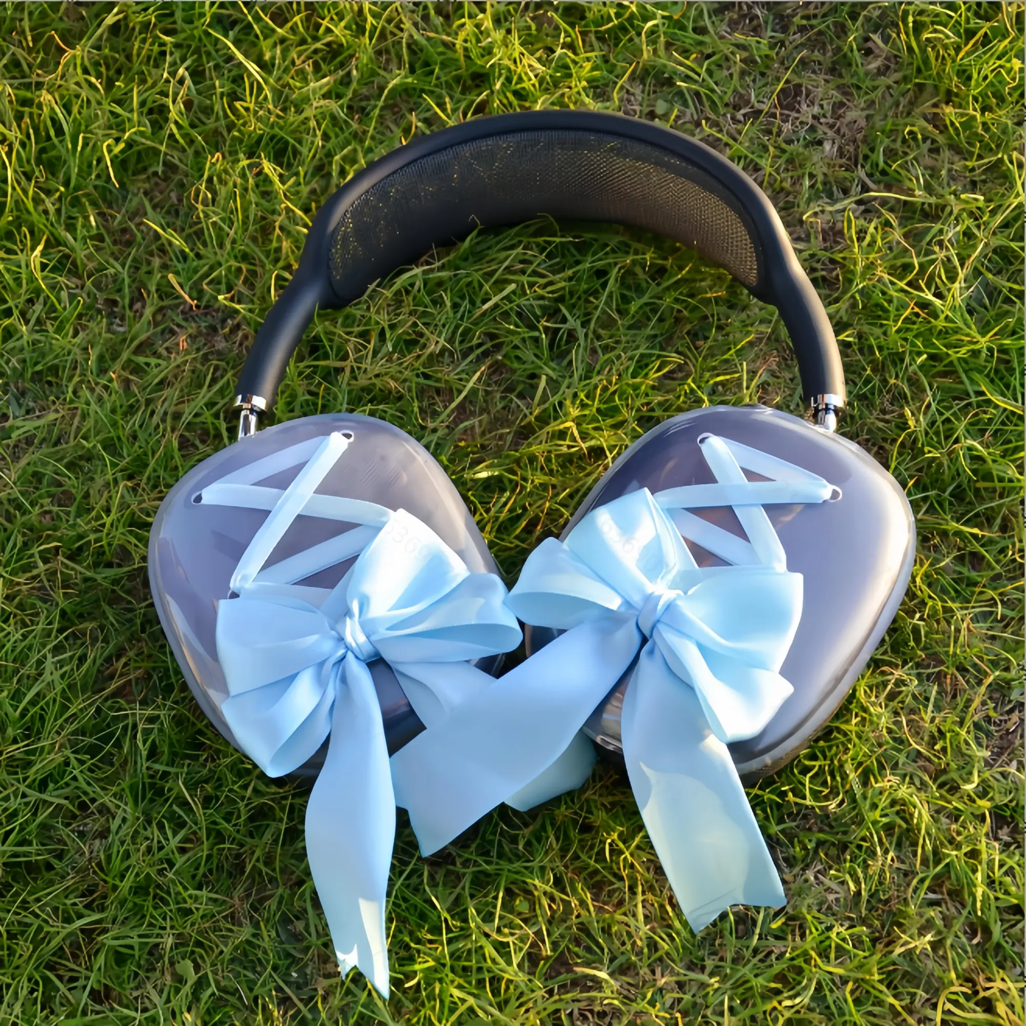 Handmade Lace Material AirPods Max Headphone Cover with Blue Bow Decor - Cute Kawaii Style, Handmade Craftsmanship Audio Headphone Protector, Handmade Lace Blue Bow
