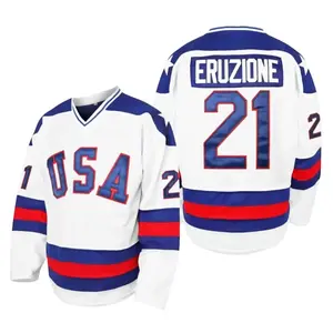 Men's Retro USA Miracle Ice Hockey Long Sleeve Jersey, 2 Color White Royal Blue Mesh Uniform, Red White Striped V-Neck Loose Vintage Fan Shirt for Patriotic Sports Games, Winter Streetwear & Holiday Costume Outfits