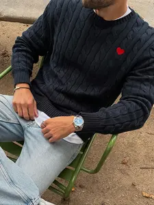 Men's Fall Winter Casual Loose Fit Knit Sweater Pullover, Heart Peach Embroidery, Vintage Style, Long Sleeve, Korean Commuter Fashion