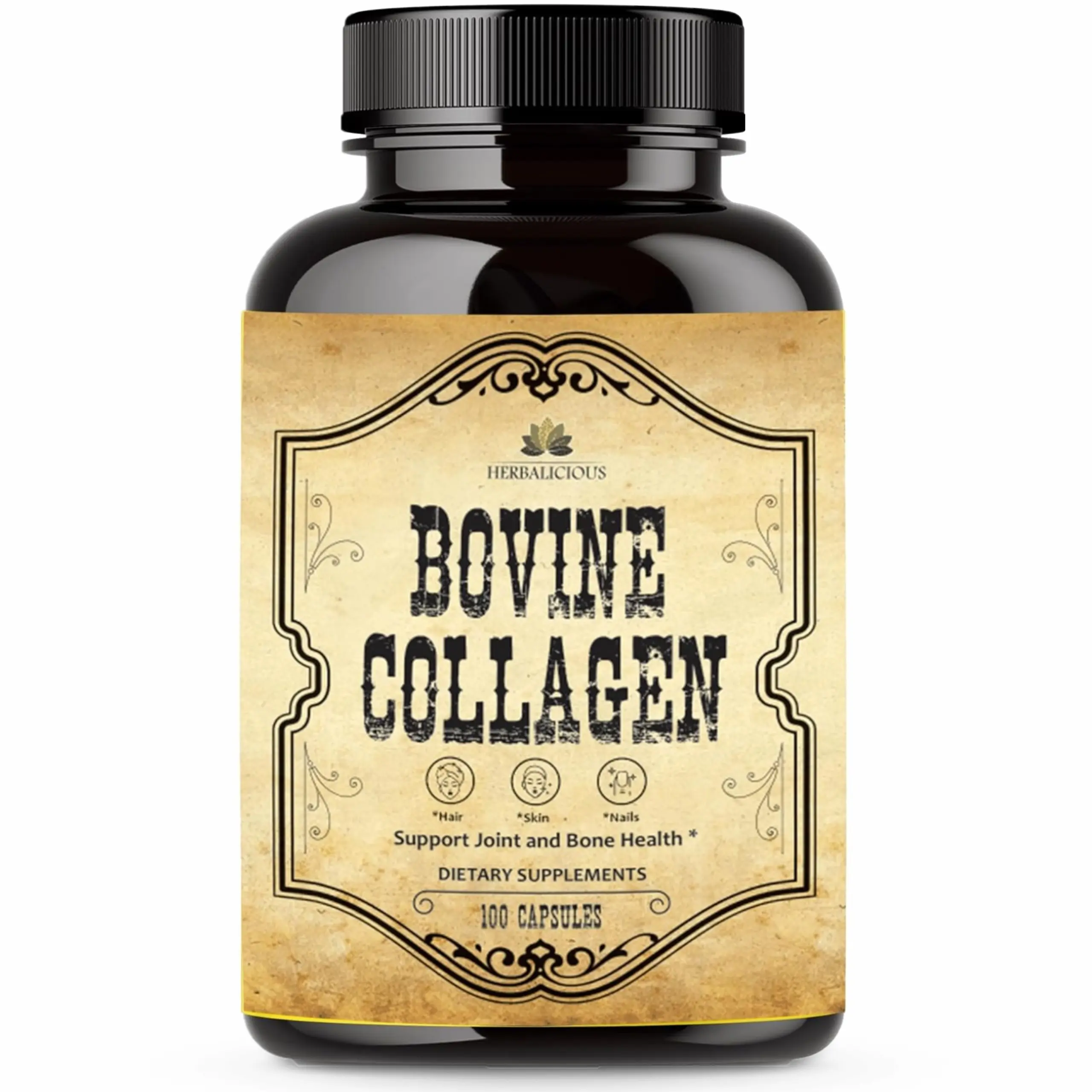 Bovine Collagen Supplements Hydrolyzed Grass Fed Bovine Collagen Peptides for Joint, Nerve & Bone Support 100 Capsules Healthcare Nail