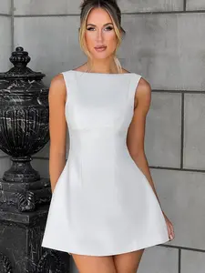 Women's Solid Backless Boat Neck Tank A-line Slim Fit Dress, Street Fashion Casual Chic Sleeveless Short Dress for Daily Outdoor Wear, Ladies Dress for Summer, Teacup Dress