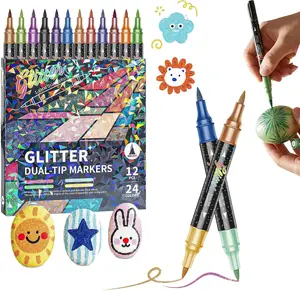 12/24 Pcs Shiny Effect Color Markers, Double-Ended Metallic Glitter Pen Set, Professional Glitter Drawing Pen Set, Perfect for Coloring, Journals, Planners, Scrapbooking, and Card Making (24, 48 Colors)
