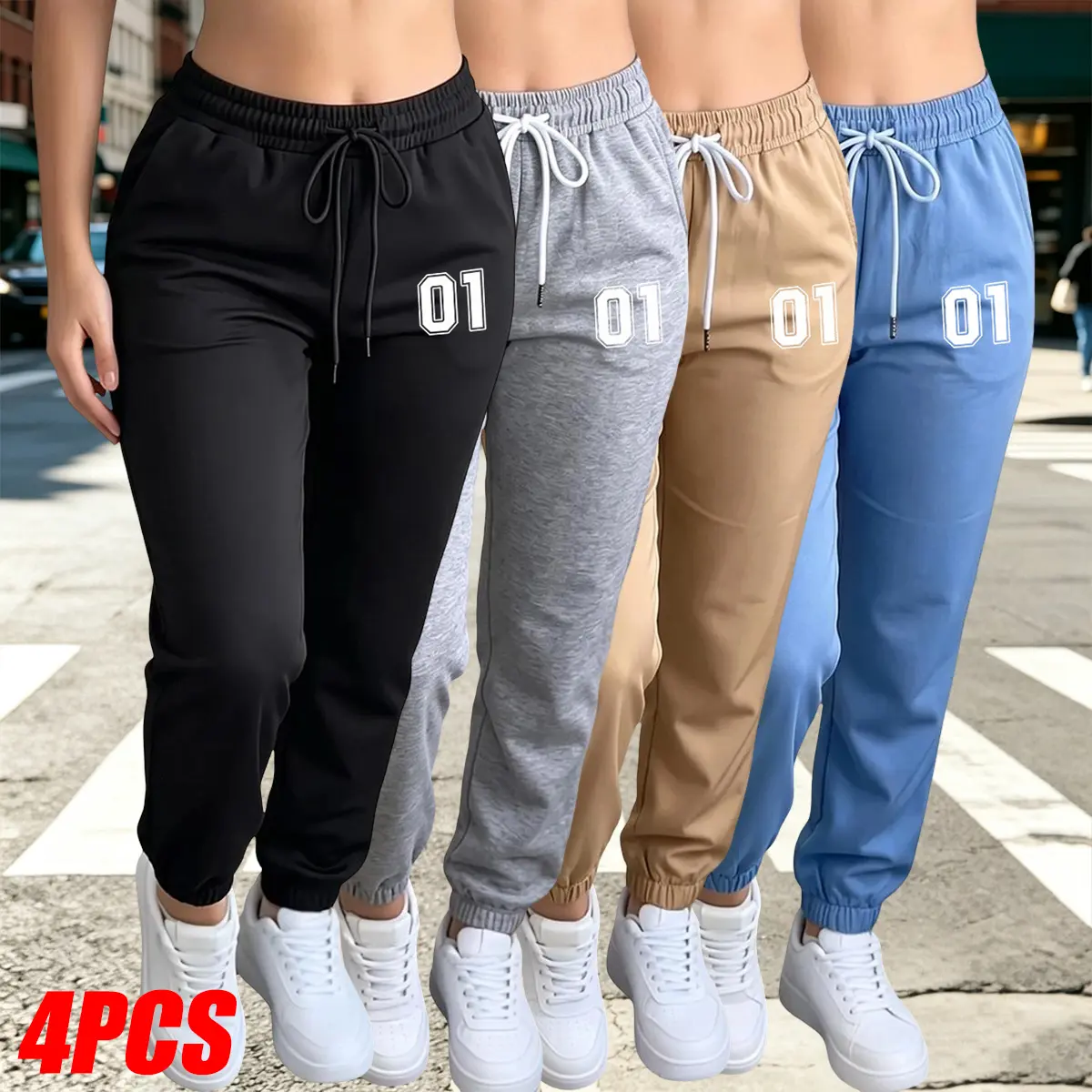 Set of 4 women’s casual athletic long pants—drawstring, jogger/sweatpants style—suitable for outdoor wear, everyday wear, and commuting. Breathable, comfortable women’s bottoms; women’s clothing, women’s bottoms.