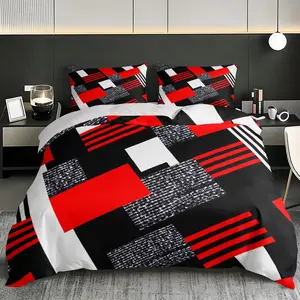 3 Red and Black Geometric Print Quilt Covers, Soft and Breathable Fabric, Machine Washable, Suitable for All Seasons (1 Quilt Cover + 2 Pillowcases, No Core), Ideal for Bedroom and Guest Room Bedding Decor, Breathable Duvet Set