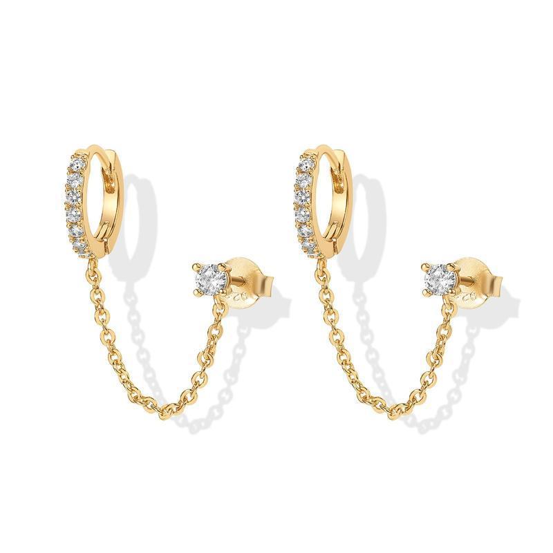 Women's Hypoallergenic Gold Earrings Set for Sensitive Ears - Double-Piercing Dangly Chain Huggie Hoops, Sparkling Zirconia Studs, Non-Piercing Ear Cuffs, Chain Duster Earrings