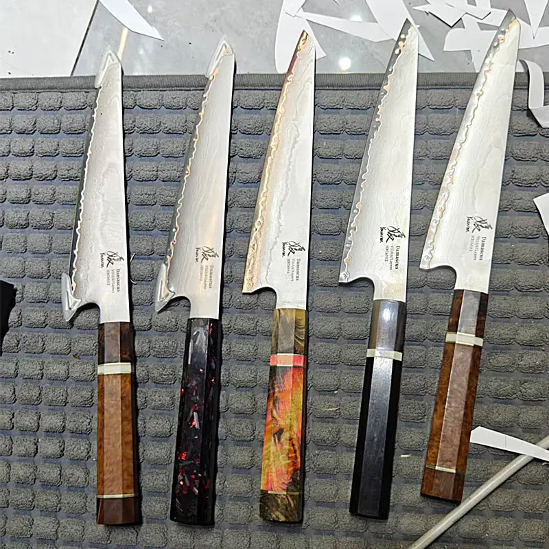 YUANREN 5-Piece 8-in Copper Damascus Pattern Kitchen Knives Set - Ko-Kissaki/Petit Point Kiritsuke, VG10 Stainless Steel, 67-Layer Fine Cut Blades