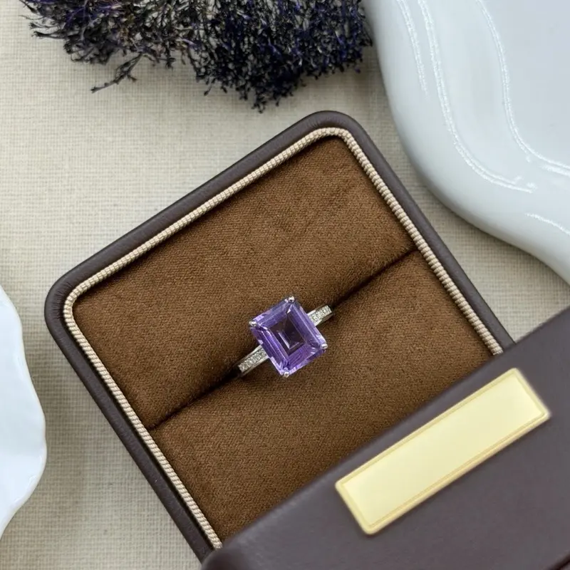 Stunning Amethyst Crystal Ring 9*10.6mm Emerald cut s925 ring size adjustable statement ring cocktail ring