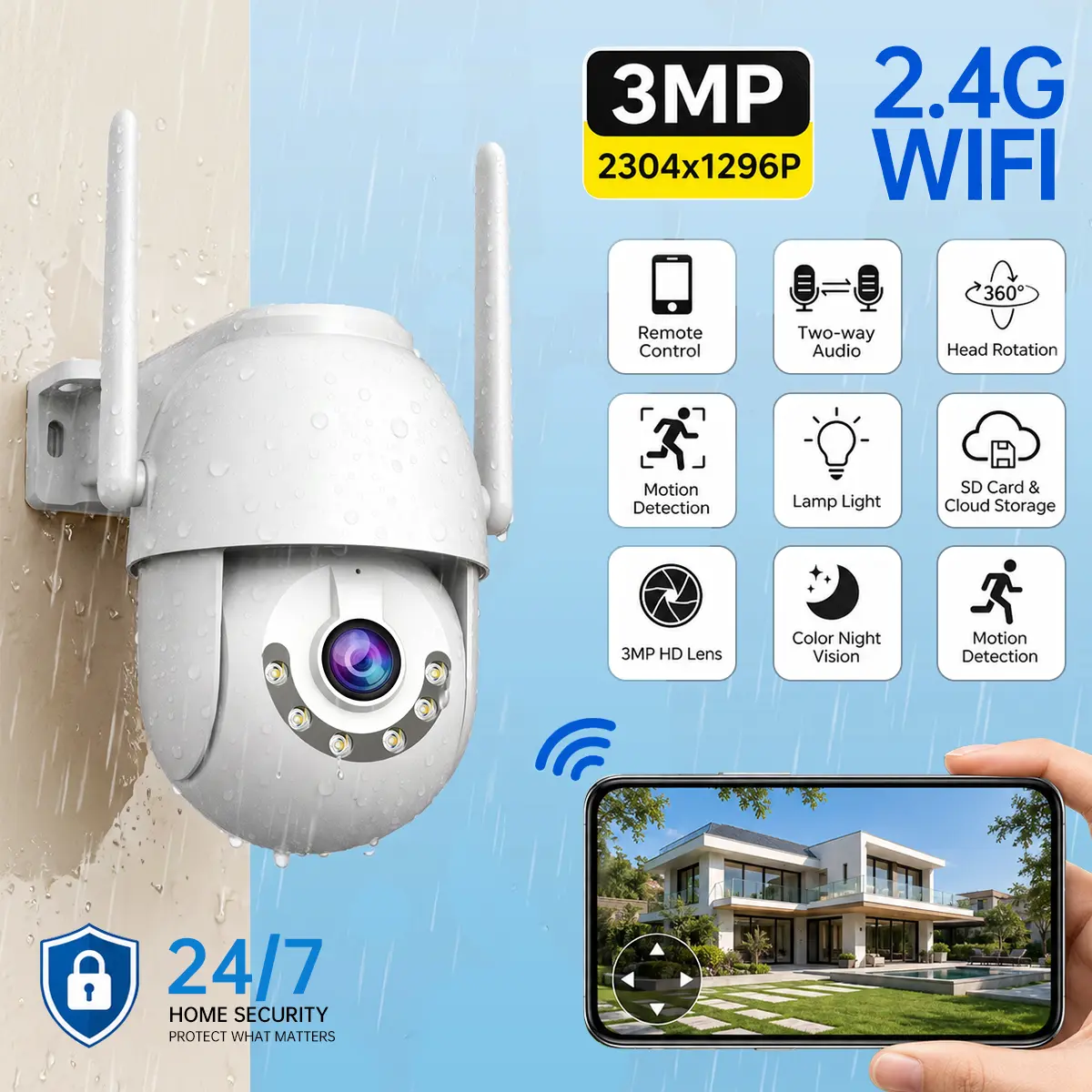 【JOOAN 2K Outdoor / Indoor Waterproof Wireless WiFi Security Camera 】360° PTZ Rotation, IP66 Waterproof, Motion Detection Alarm, Color Night , Two-Way Audio, 24/7 Live View, Perfect for Home, Yard, Garage, Apartment Smart Home Surveillance Camera